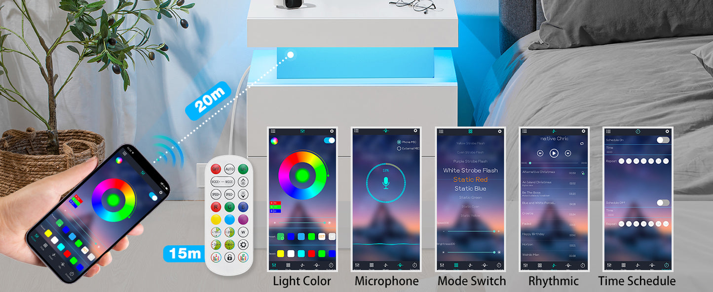 Nightstand RGB LED Light Bedside Table Cabinet with 2 Drawer Bedroom High Gloss