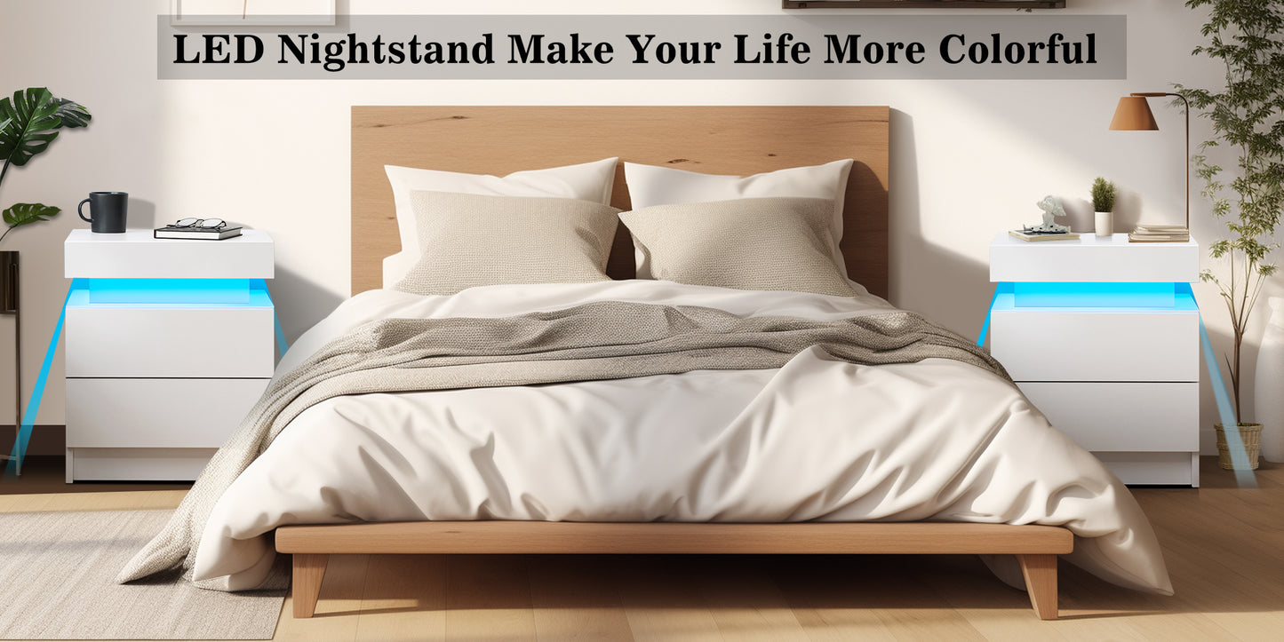 Nightstand RGB LED Light Bedside Table Cabinet with 2 Drawer Bedroom High Gloss