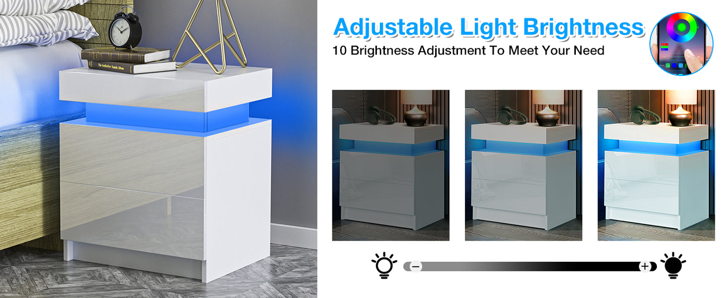 Nightstand RGB LED Light Bedside Table Cabinet with 2 Drawer Bedroom High Gloss