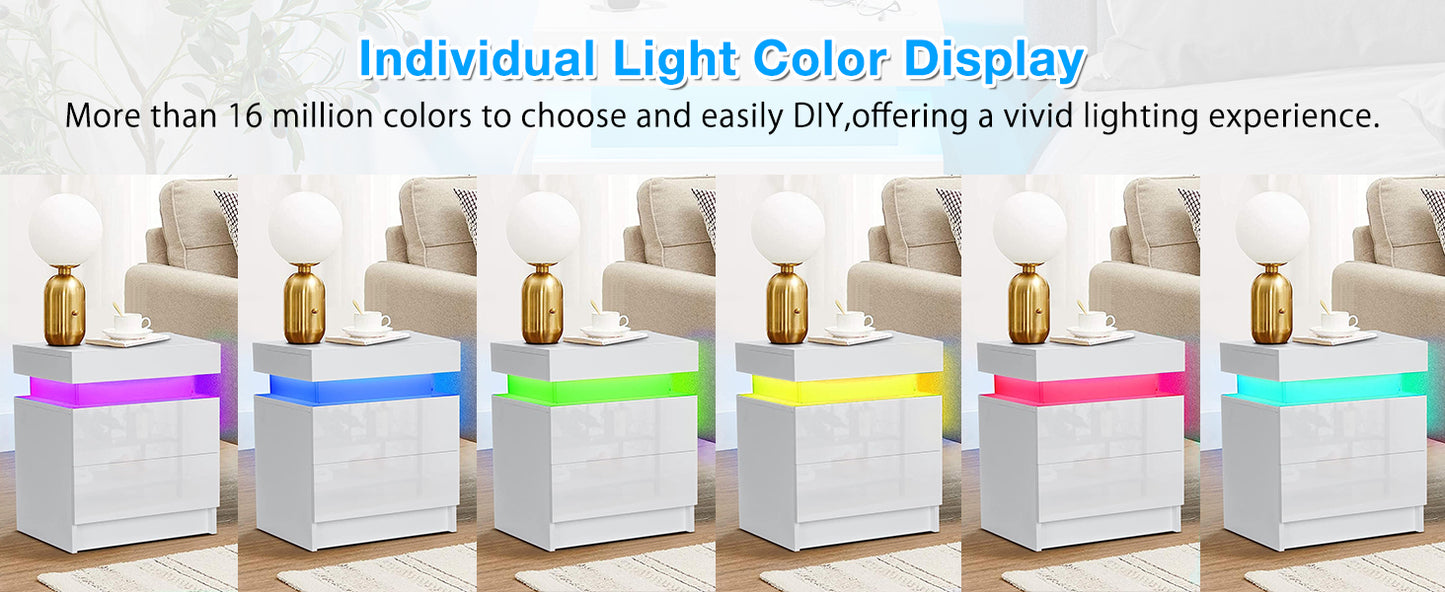 Nightstand RGB LED Light Bedside Table Cabinet with 2 Drawer Bedroom High Gloss