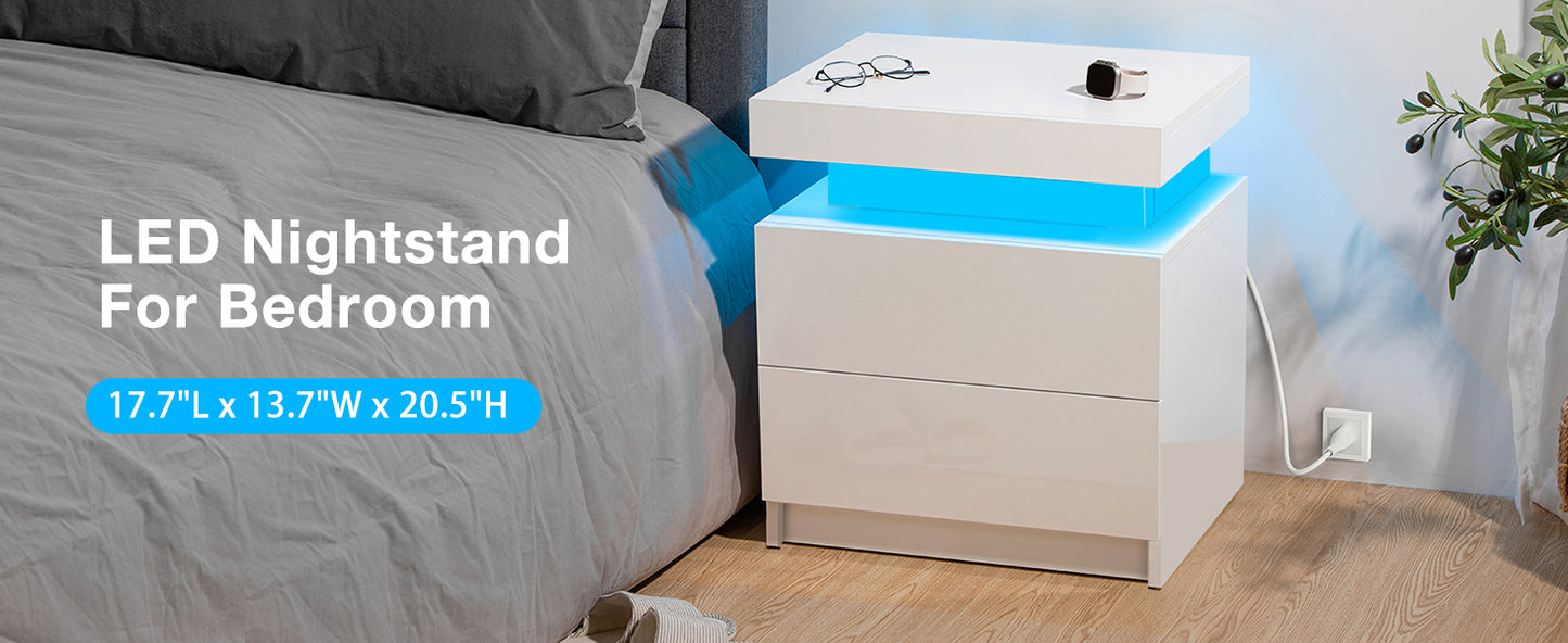Nightstand RGB LED Light Bedside Table Cabinet with 2 Drawer Bedroom High Gloss
