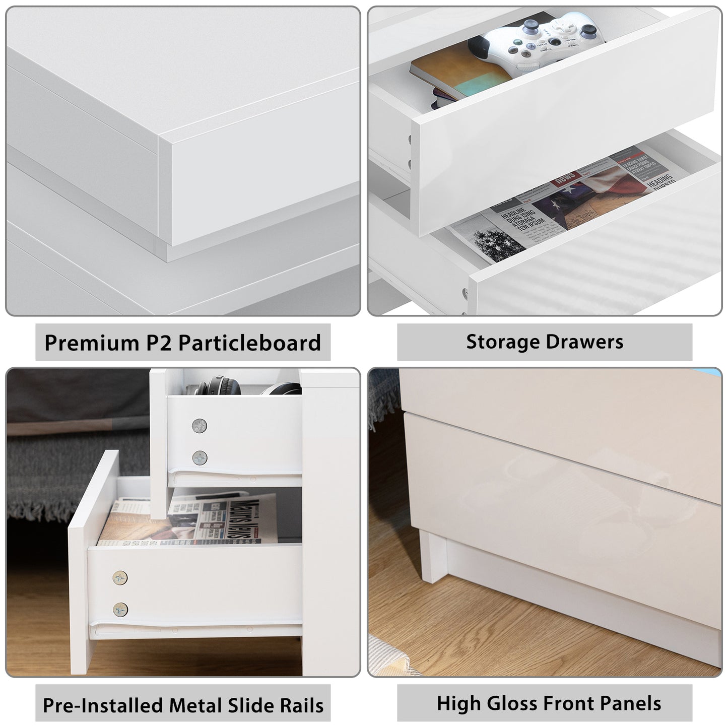 Nightstand RGB LED Light Bedside Table Cabinet with 2 Drawer Bedroom High Gloss