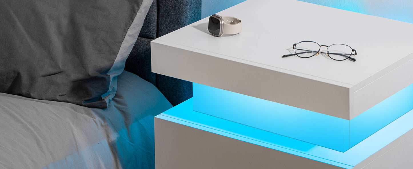 Nightstand RGB LED Light Bedside Table Cabinet with 2 Drawer Bedroom High Gloss