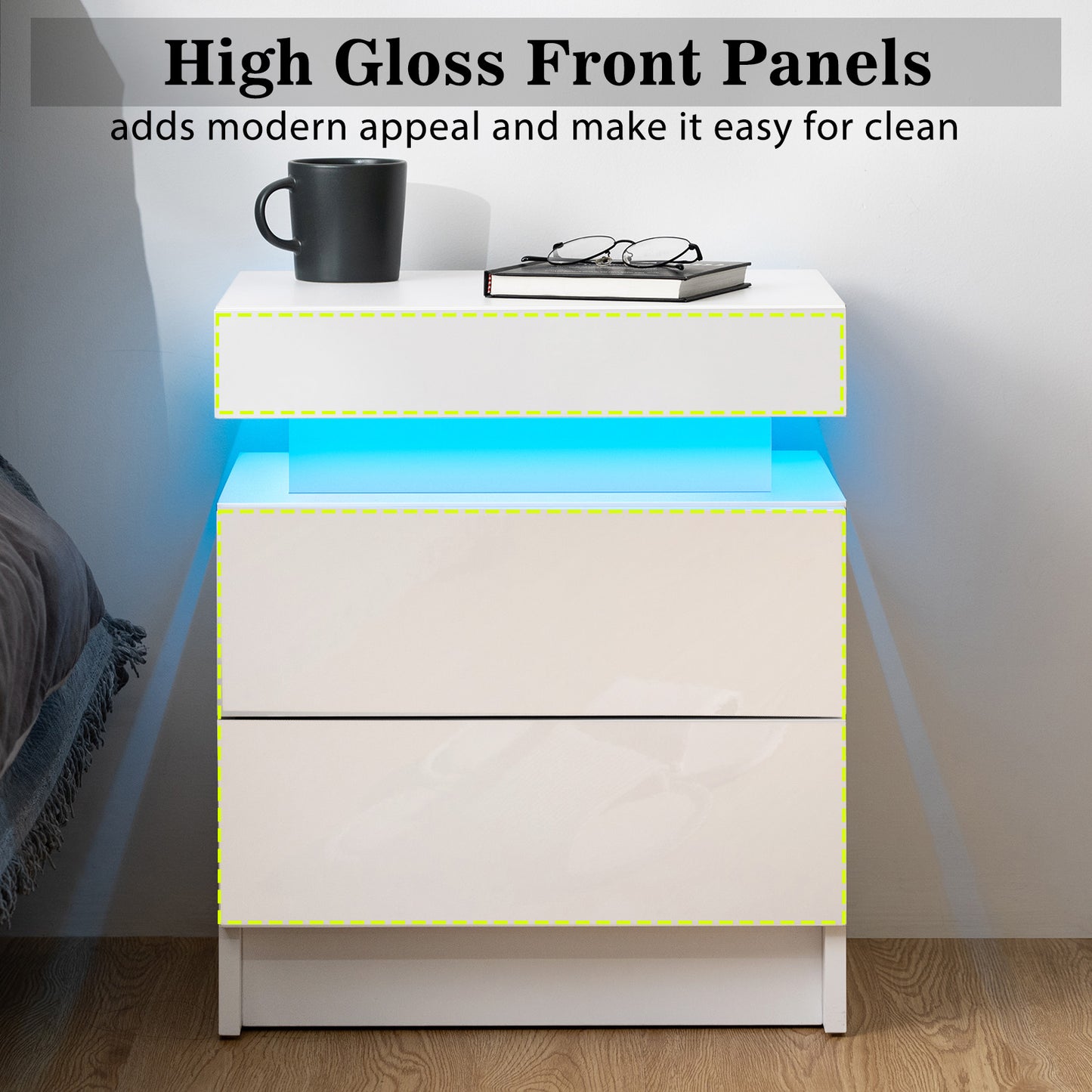 Nightstand RGB LED Light Bedside Table Cabinet with 2 Drawer Bedroom High Gloss