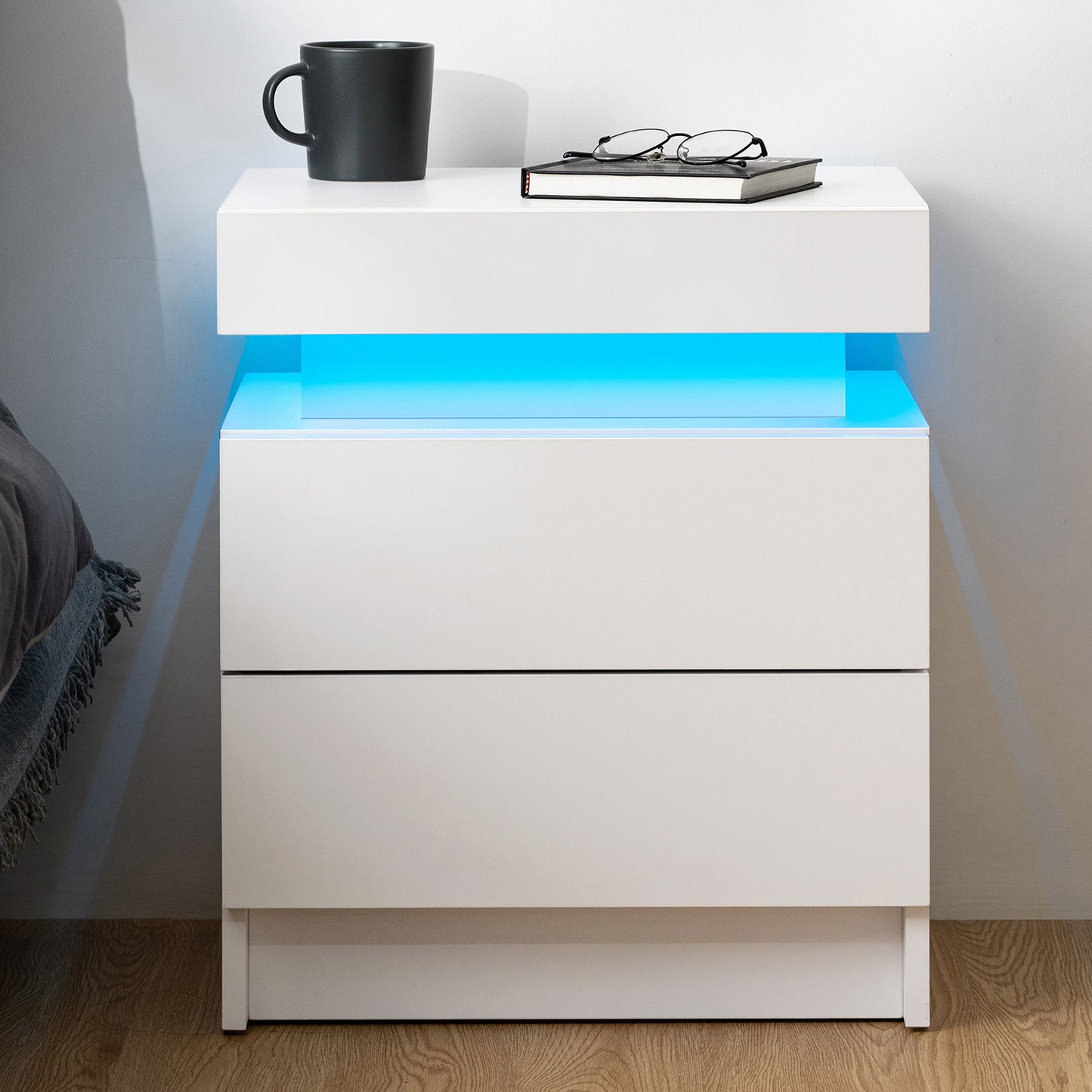 Nightstand RGB LED Light Bedside Table Cabinet with 2 Drawer Bedroom High Gloss