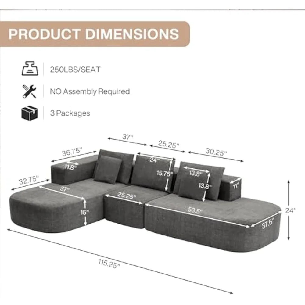 Modern L-shaped Sofa, Lounge Chair Sofa, 116 Inch Modular Floor Combination Sofa, Deep Soft Cushion Comfortable Sofa