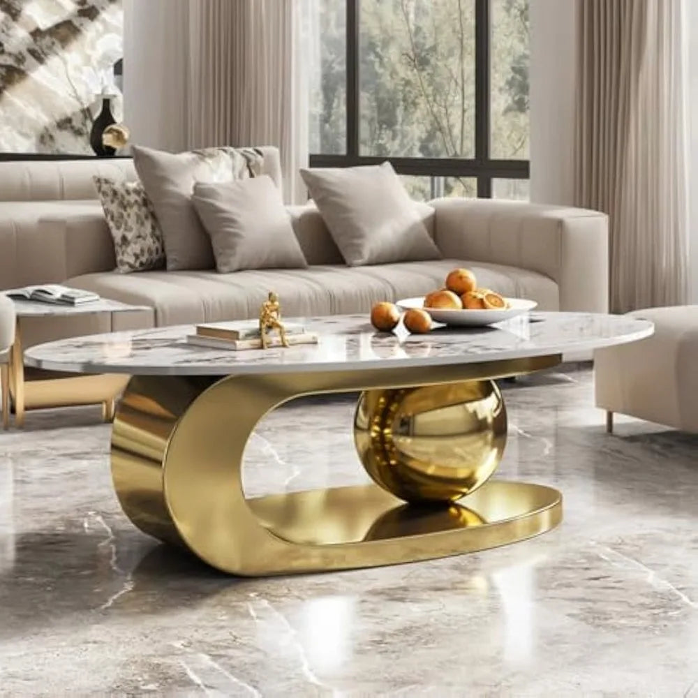 Oval Stone Coffee Table, Gold Metal Base Marble Coffee Table Center Table, Luxurious Gold and Stone Living Room Table