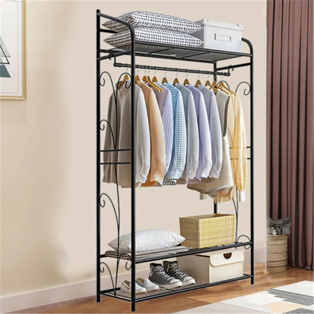 Heavy Duty Clothes Rail Clothes Rack Black Metal Garment Rack Stand for Bedroom with Storage Shelves 2 Shelf Shoe Rack