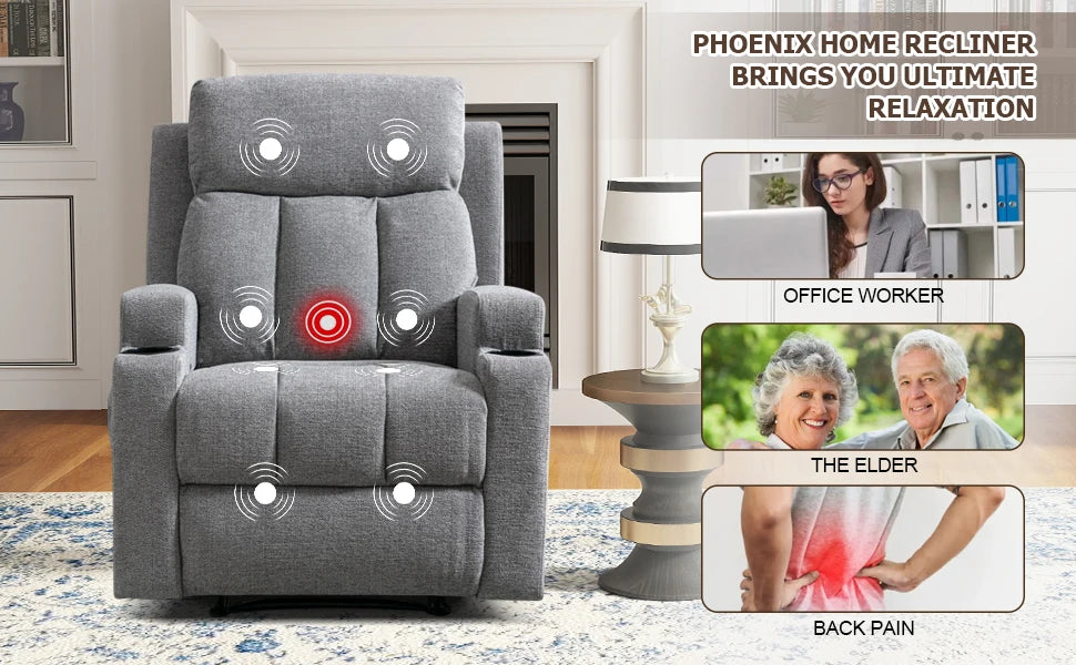 Home Manual Recliner Chair with Massage and Heat for Living Room Overstuffed Breathable Fabric Reclining Chair with 2 Side Pocke