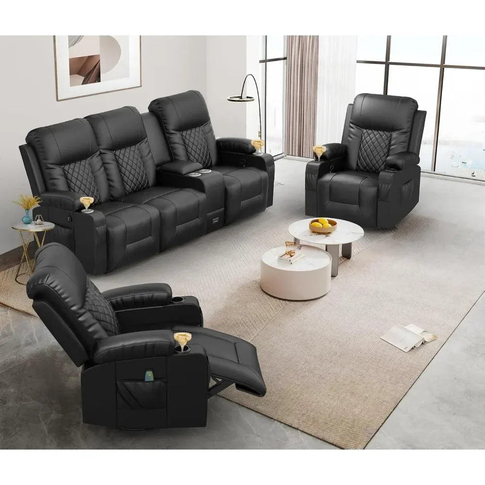 Living Room Sofa Set, 3 Seat Reclining Sofa and 2PC 360° Swivel Recliner Chair with Heat and Massage for Living Room Sofa