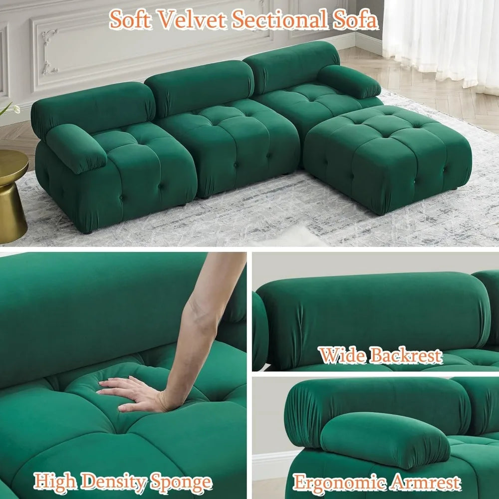 Modular Sectional Sofa,93"Green Velvet Sectional Cloud Couches for Living Room,Modern L-Shaped Sofa for Bedroom Apartment Office