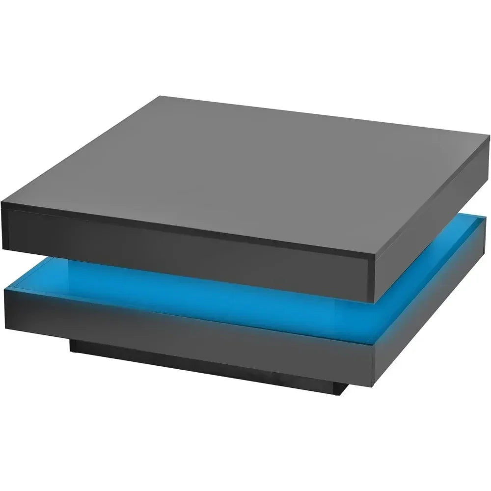 Coffee Table Modern Minimalist Design High Gloss 31.5 Inch 2 Tier Square with Plug-In 16 Color LED Lights Café Tables