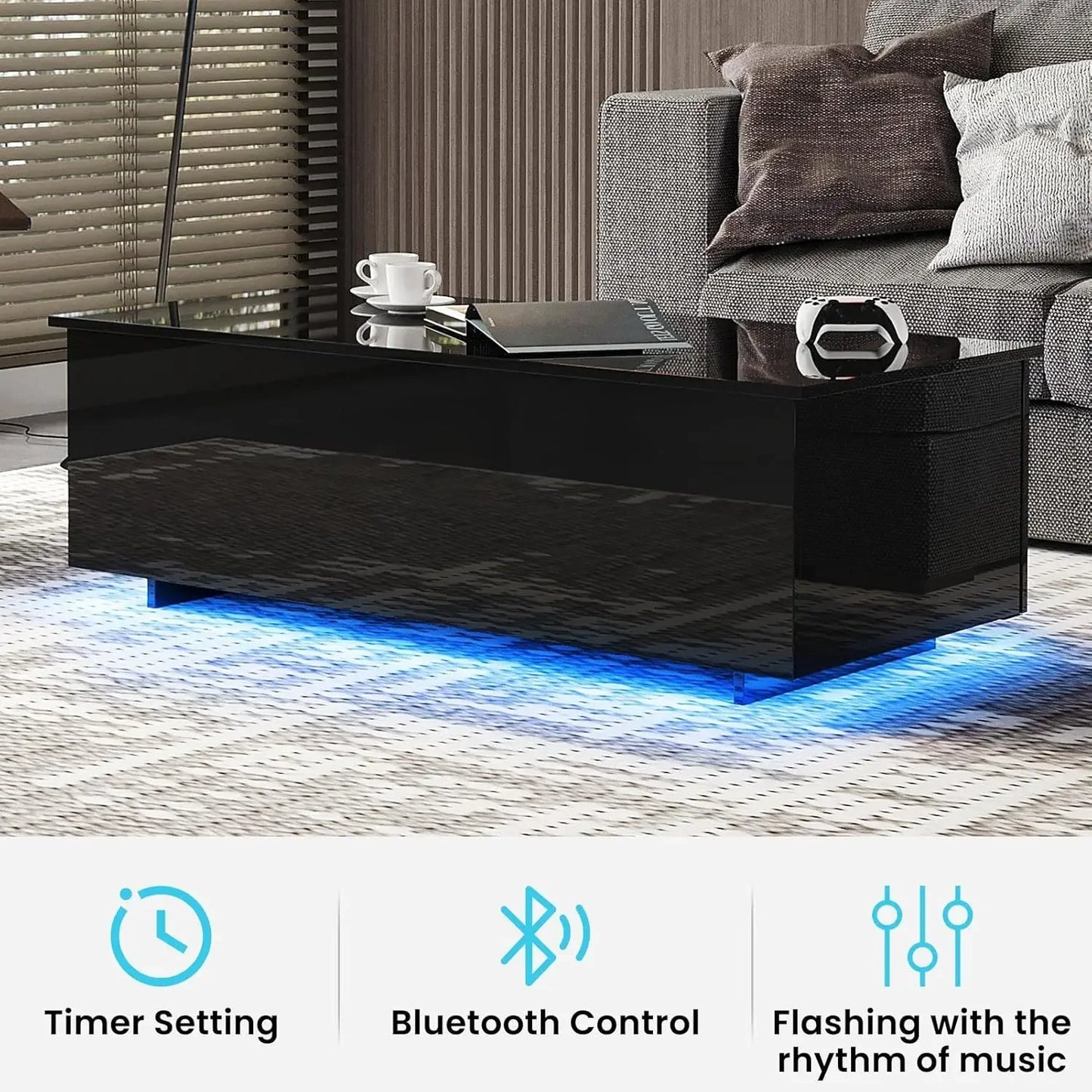Led Coffee Tables for Living Room - High Gloss Table with Led Lights, 20 Colors Controlled by Remote or App