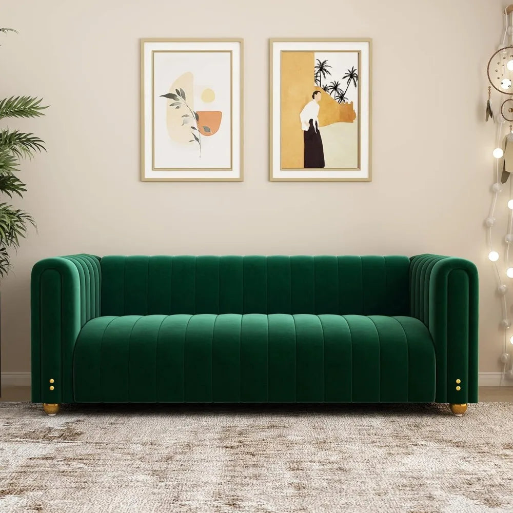 Green Velvet Couch, 81.3 Wide Modern Couch Small Spaces LoveSeat with Gold Leg, Comfy 3 Seat Extra Deep Sofas for Living Room