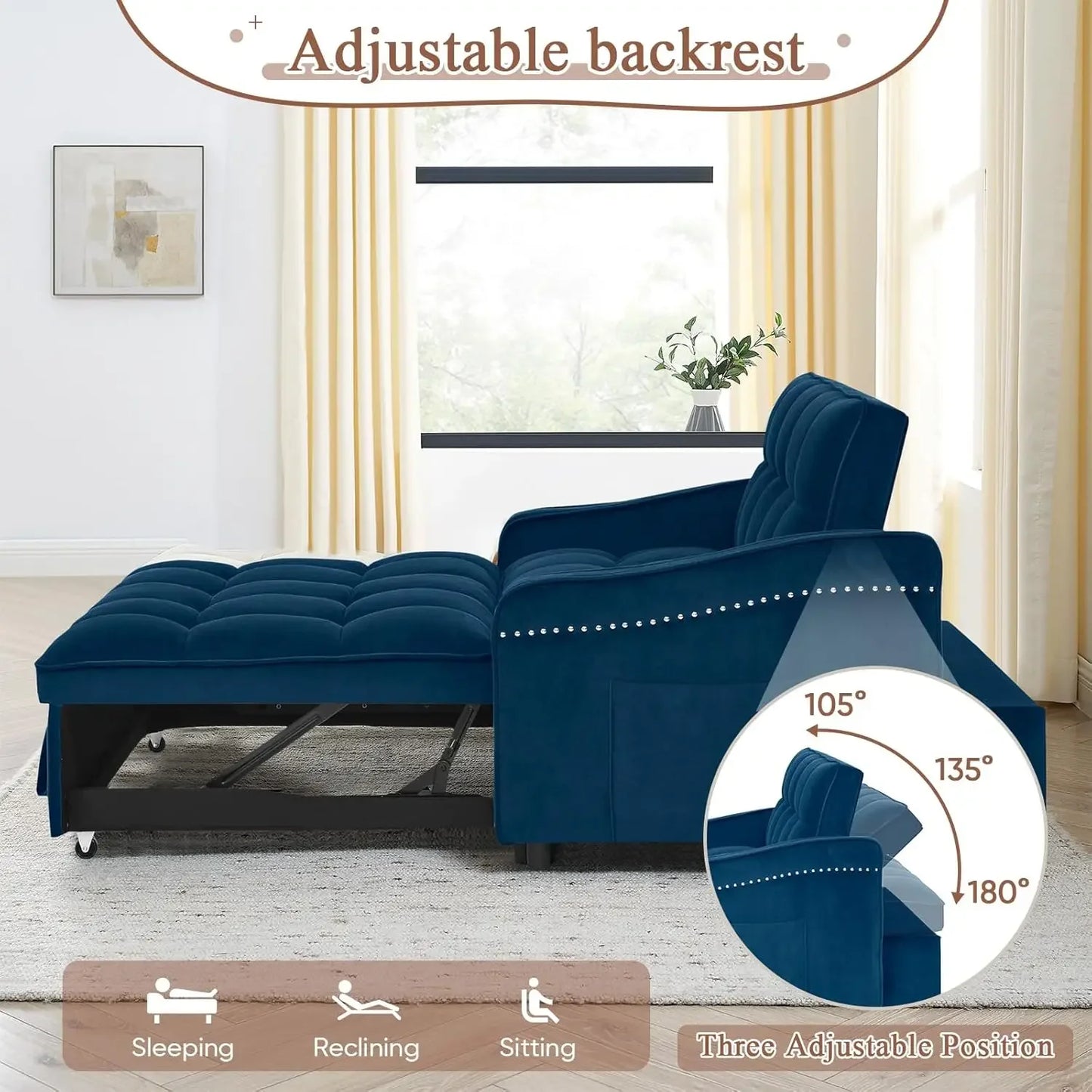 3 in 1 Sleeper Sofa Couch Bed with USB & Type C Port, 52" Small Modern Convertible Tufted Velvet Loveseat Sofa w/Pull Out Bed