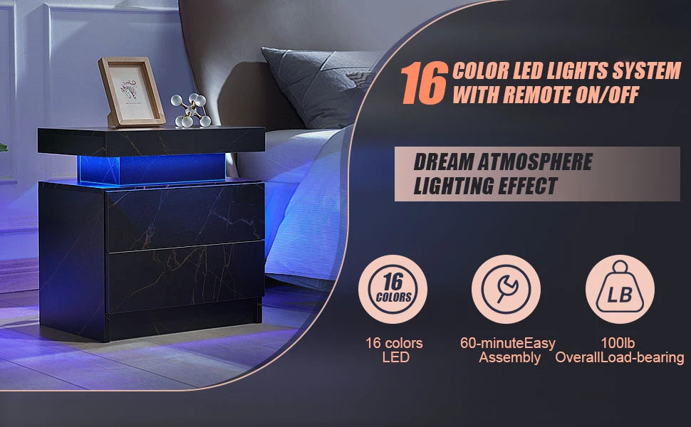 Nightstand Set of 2 LED Nightstand with 2 Drawers,Bedside Table with Drawers for Bedroom Furniture,Side Bed Table , White