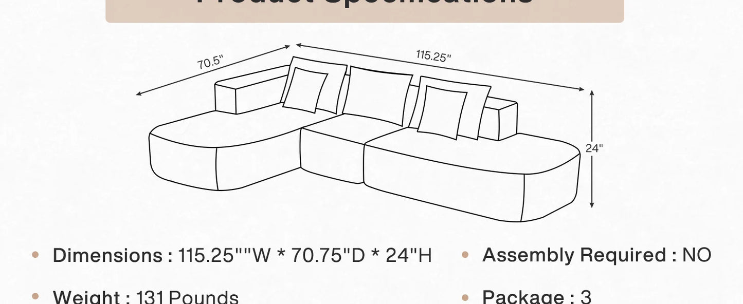 Modern L-shaped Sofa, Lounge Chair Sofa, 116 Inch Modular Floor Combination Sofa, Deep Soft Cushion Comfortable Sofa