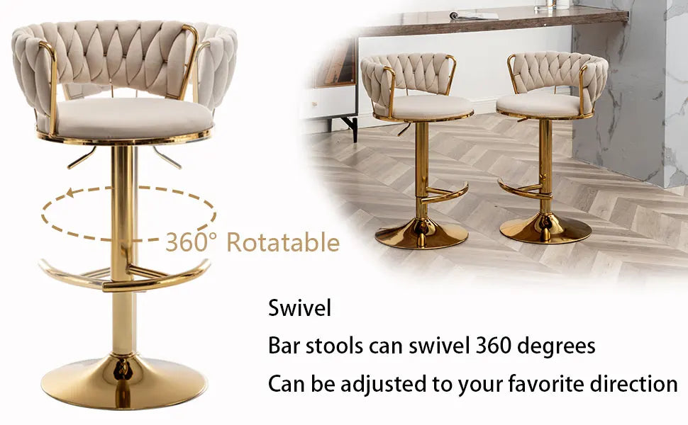 Gold Velvet Bar Stools Set of 4, Counter Height Bar Stools with Low Back, Swivel Stool for Kitchen Island, Bar Pub (Beige)