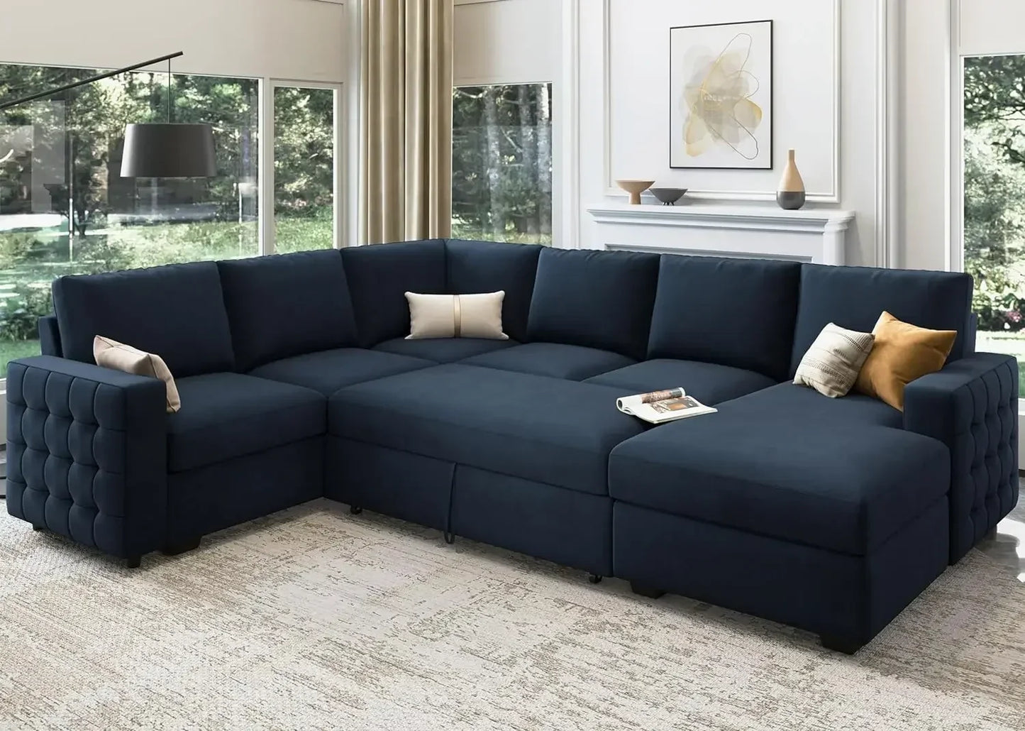 Sectional Sofa with Storage Chaise U Shaped Sectional Couch for Living Room,Velvet Sleeper Sectional Couch with Pullout Bed