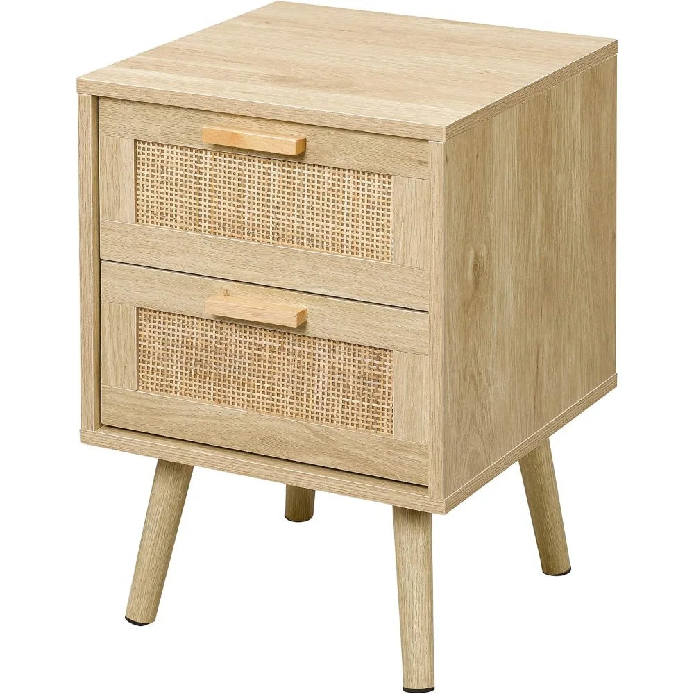 Night Stand Set of 2, Nightstand with 2 Hand Made Rattan Decorated Drawers, Wood Accent Table with Storage for Bedroom, Natural