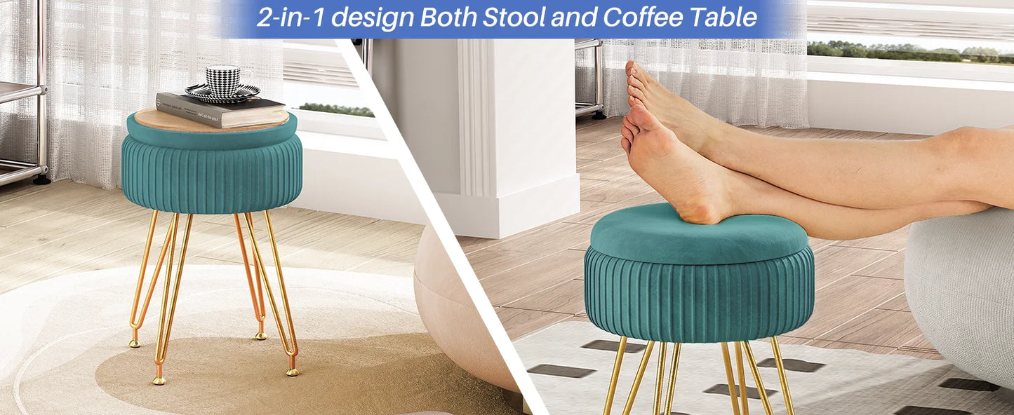 Redlife Velvet Vanity Stool Chair with Storage Multifunctional Makeup Chair Footrest with Anti-Slip Feet for Living Room Bedroom