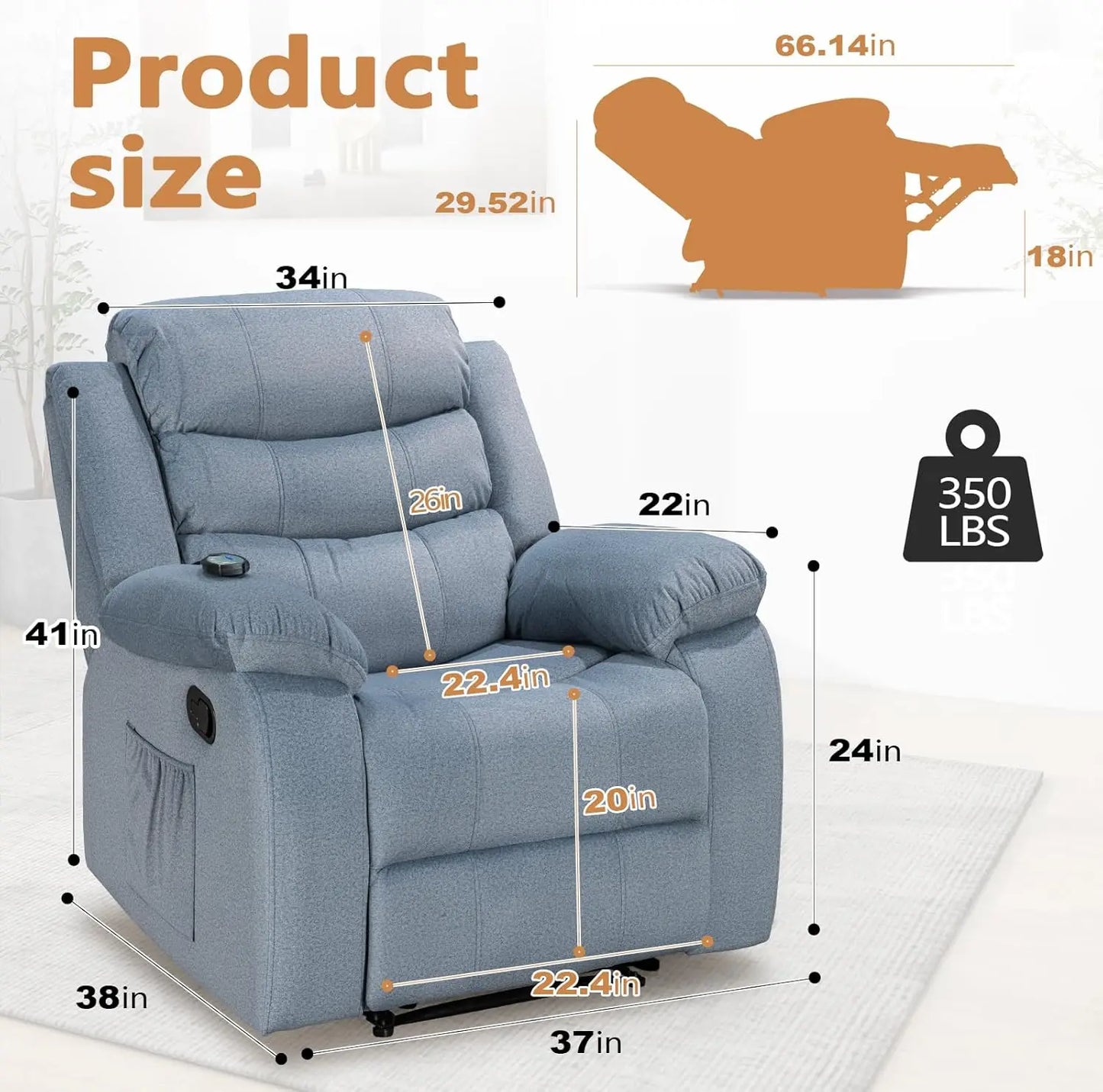 Massage Recliner Chair, Upholstered Sofa with Massage and Heating Function, Multifunctional Recliner for Living Room Lazy Boy, S