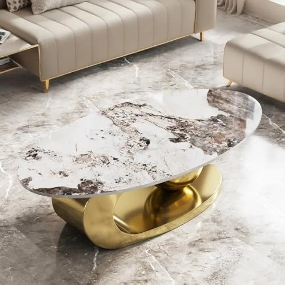 Oval Stone Coffee Table, Gold Metal Base Marble Coffee Table Center Table, Luxurious Gold and Stone Living Room Table