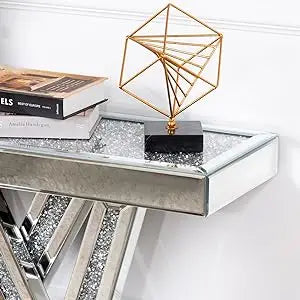 Modern Console Table Mirrored Finished, Glam Style W Silver Entryway Table Inlay with Sparkly Crushed Crystals, 35 inches Contem