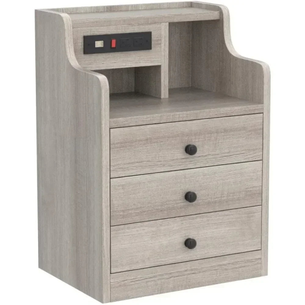 Nightstand with Hutch and Charging Station, Nightstands with 3 for Bedrooms Set of 2, Bedside Table Nightstand