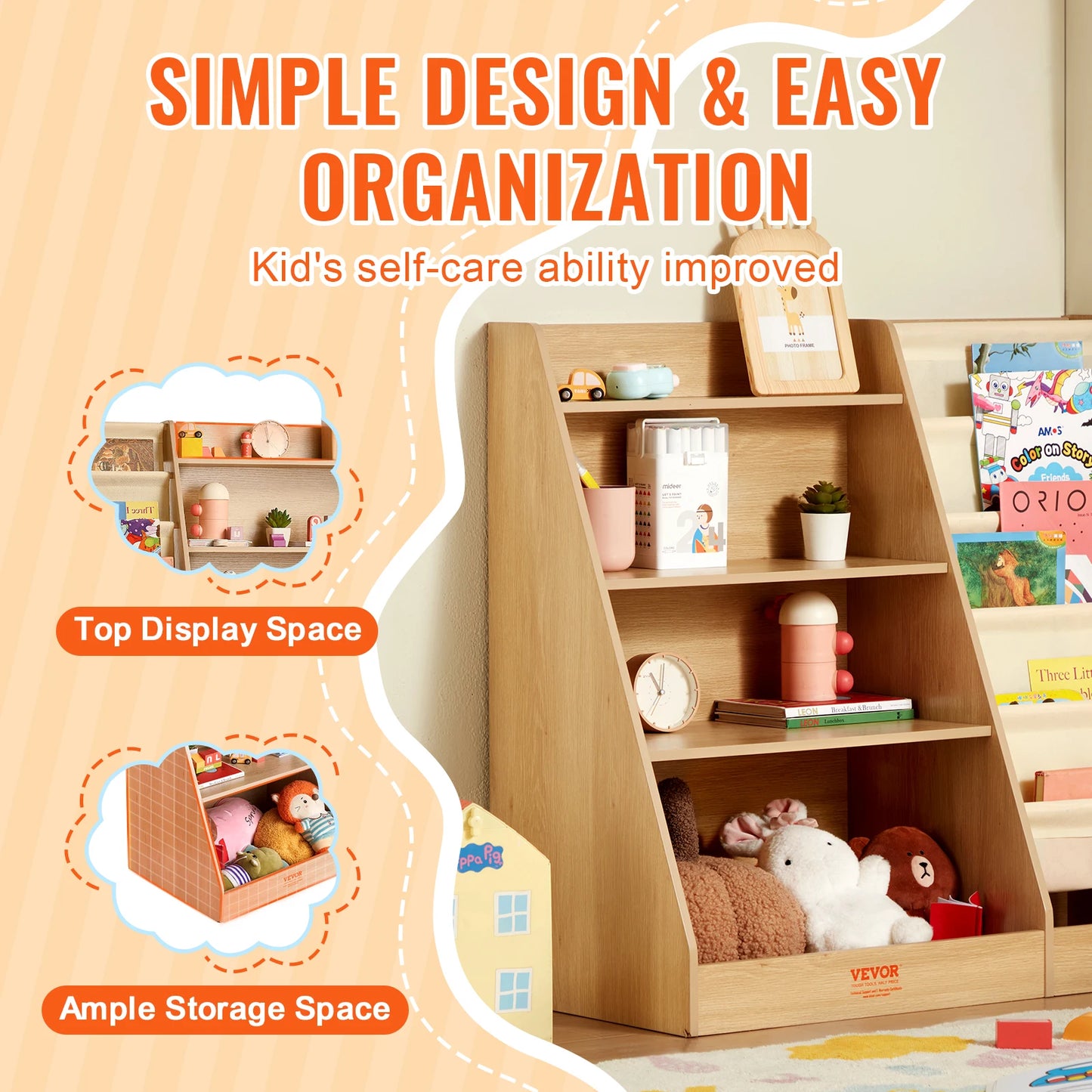 VEVOR 4-Tier Kids Wooden Bookshelf Six-Layer Sling Bookcase Baby Storage Book Rack for Kids Room Playroom Kindergarten Nursery