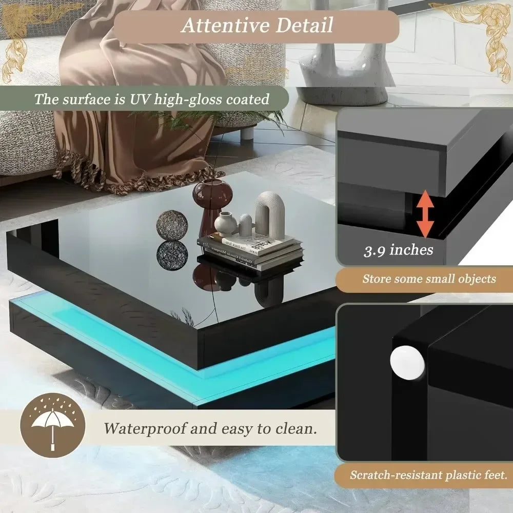 Coffee Table Modern Minimalist Design High Gloss 31.5 Inch 2 Tier Square with Plug-In 16 Color LED Lights Café Tables
