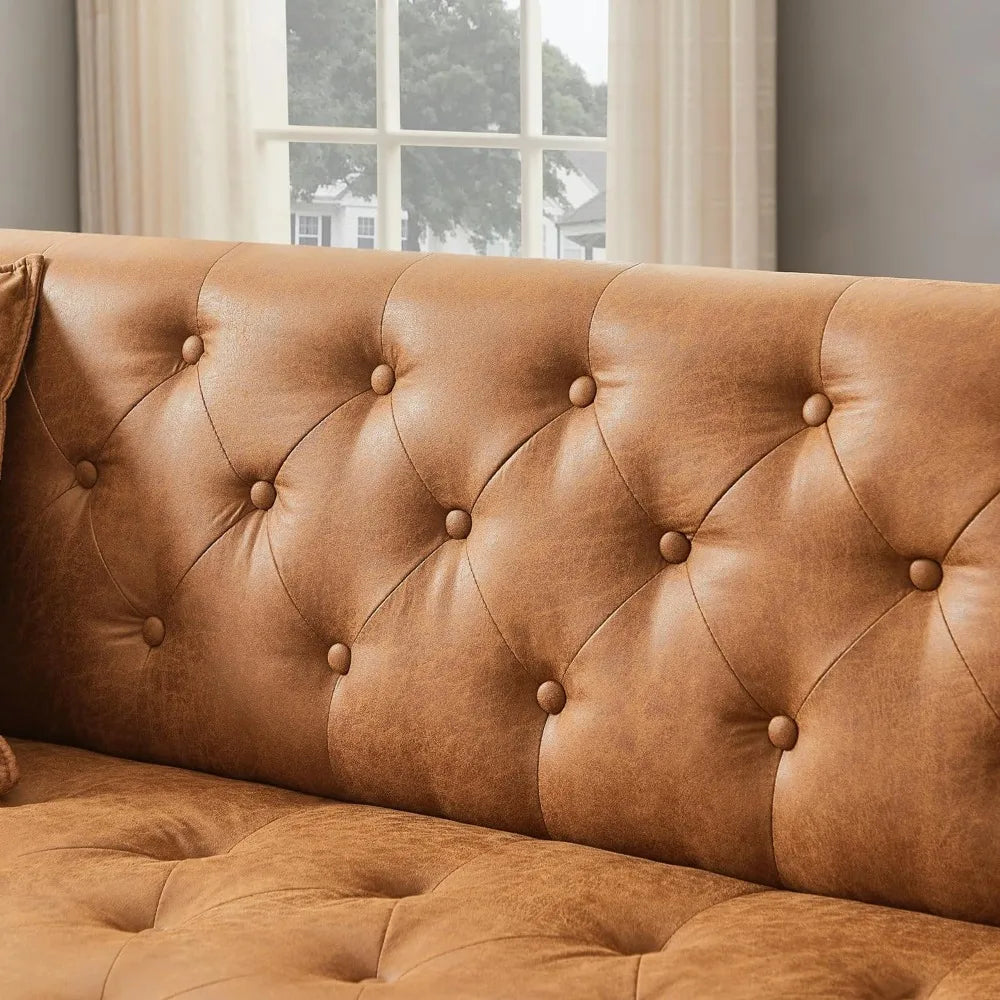 Modern Sofa Couch for Living Room, 3 Seater Sofa with Deep Seats and 2 Pillows, Handmade Button Tufted Leather Couch