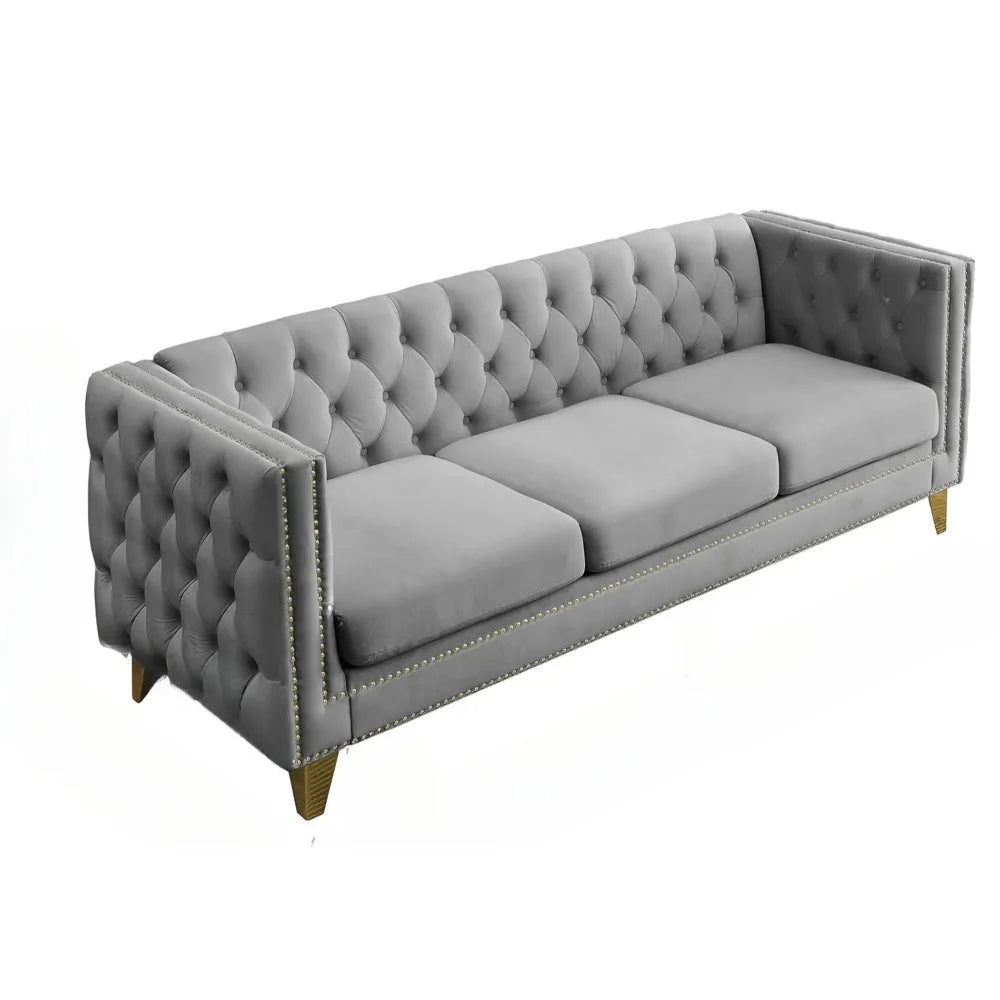 Velvet 3-seater sofa, comfortable living room sofa with tufted back and stud trim, padded couch, solid gold metal tapered legs