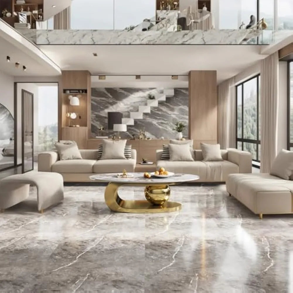 Oval Stone Coffee Table, Gold Metal Base Marble Coffee Table Center Table, Luxurious Gold and Stone Living Room Table