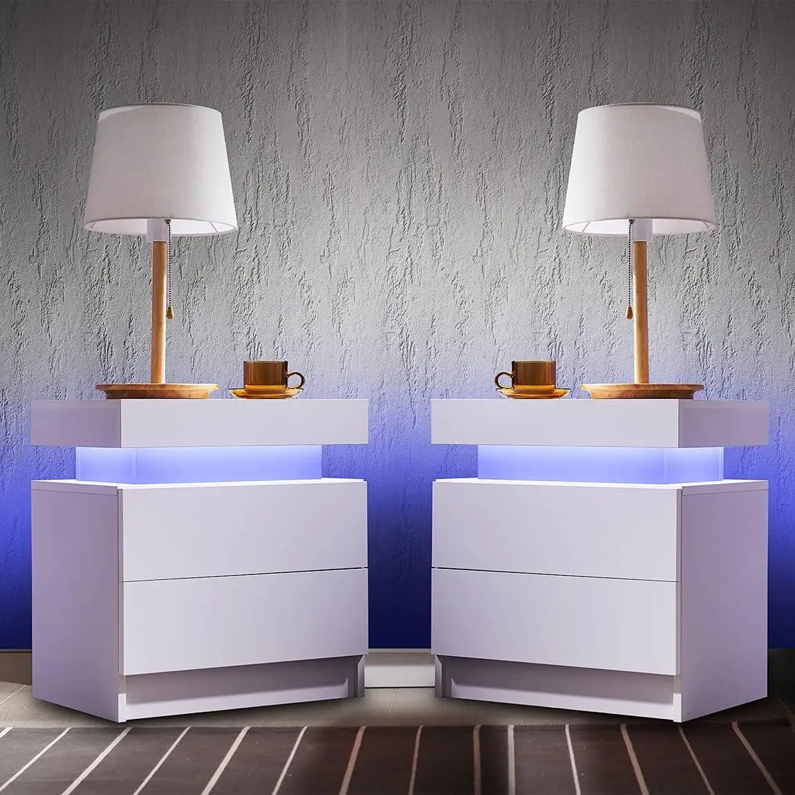 Nightstand Set of 2 LED Nightstand with 2 Drawers,Bedside Table with Drawers for Bedroom Furniture,Side Bed Table , White