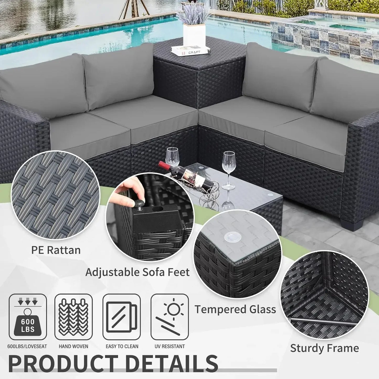 Outdoor PE Wicker Patio Furniture Set 4 Piece Black Rattan Sectional Loveseat Couch Set Conversation Sofa with Storage Grey