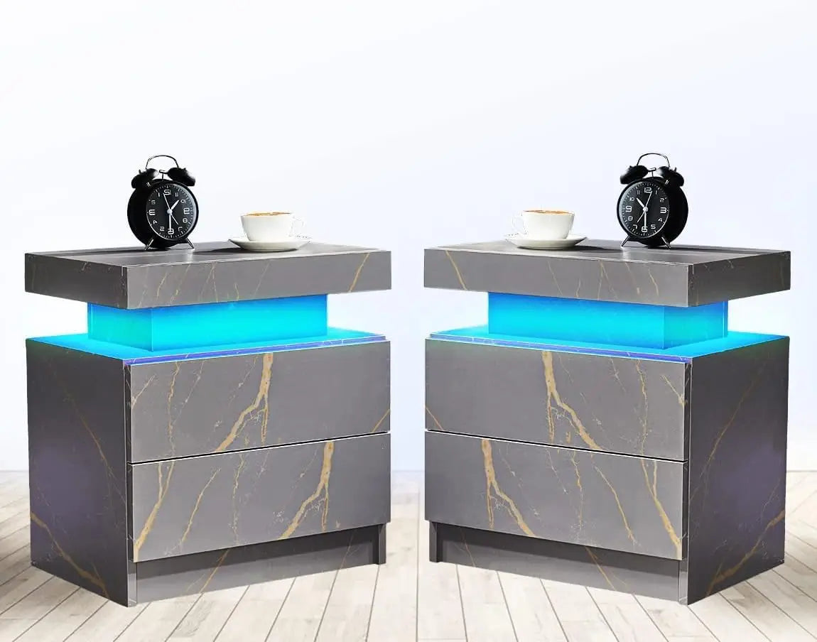 Nightstand Set of 2 LED Nightstand with 2 Drawers,Bedside Table with Drawers for Bedroom Furniture,Side Bed Table , White