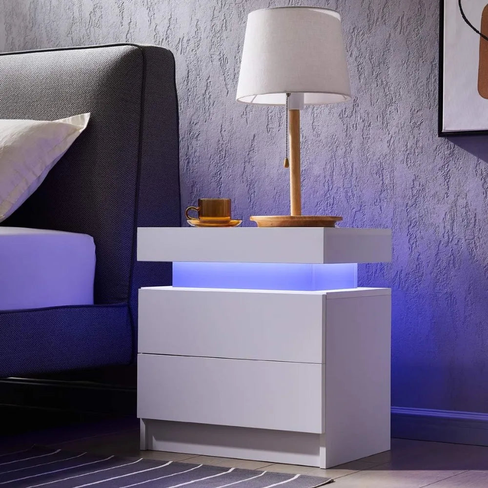 Nightstand Set of 2 LED Nightstand with 2 Drawers,Bedside Table with Drawers for Bedroom Furniture,Side Bed Table , White