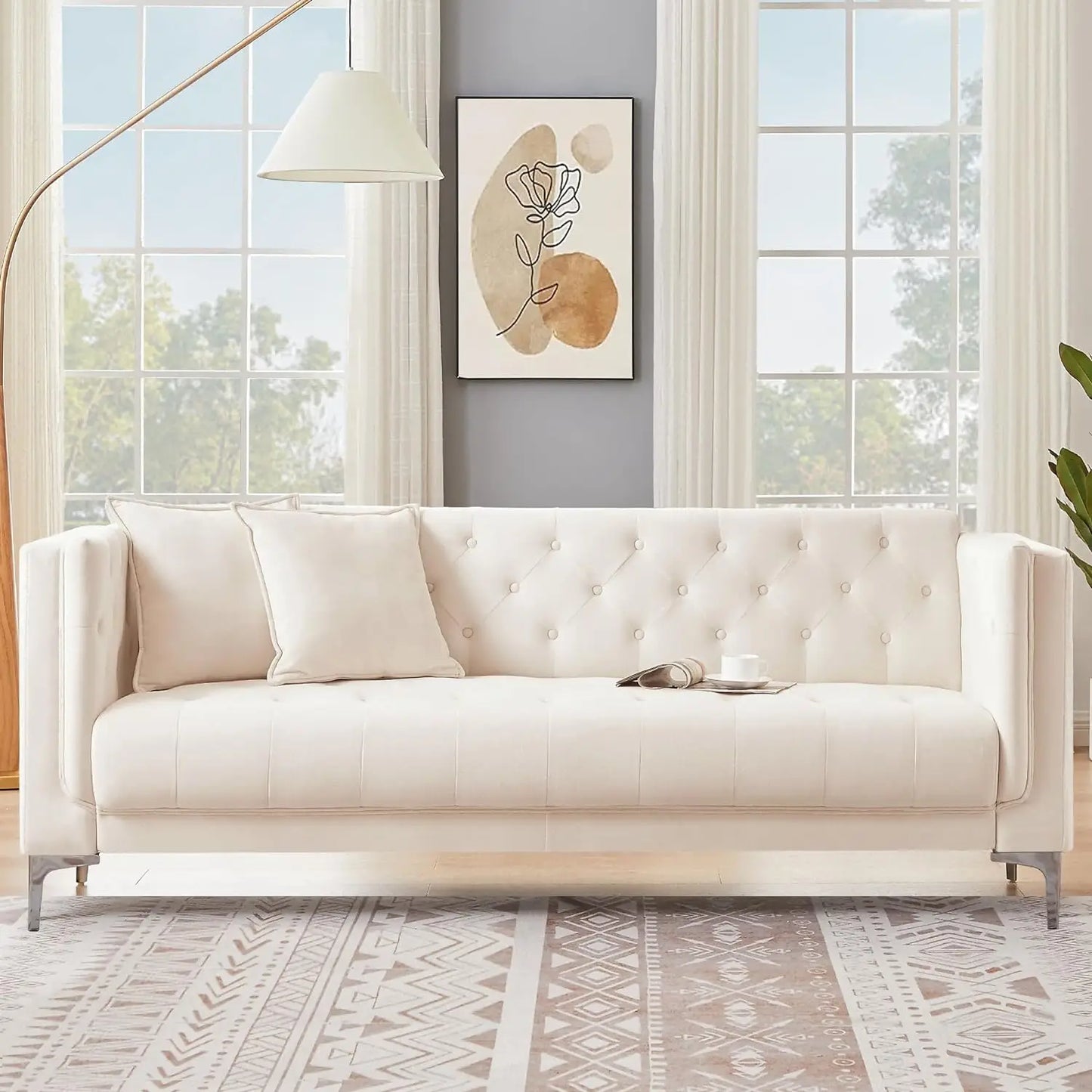 Modern Sofa Couch for Living Room, 3 Seater Sofa with Deep Seats and 2 Pillows, Handmade Button Tufted Leather Couch