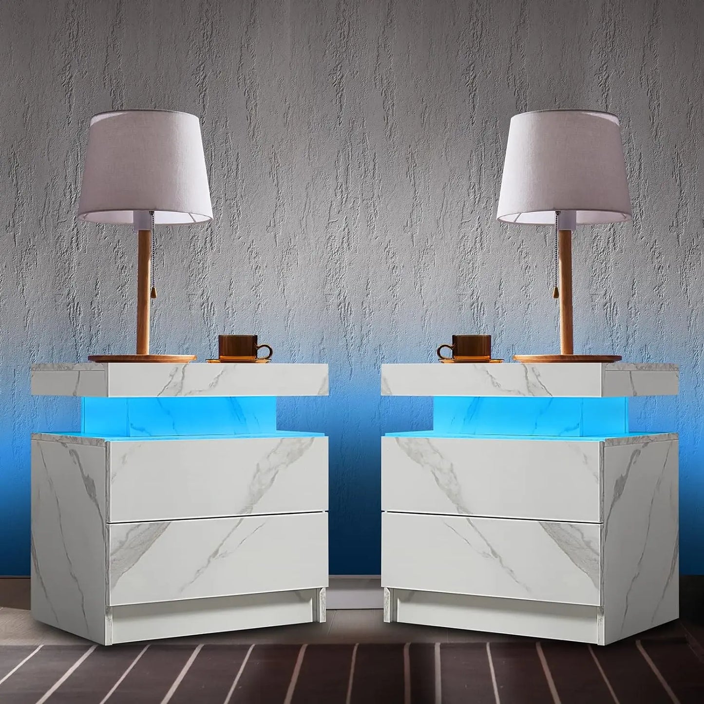 Nightstand Set of 2 LED Nightstand with 2 Drawers,Bedside Table with Drawers for Bedroom Furniture,Side Bed Table , White