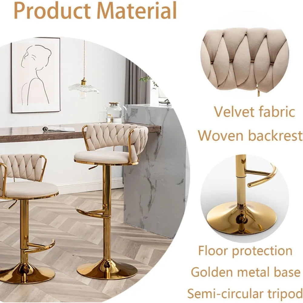 Gold Velvet Bar Stools Set of 4, Counter Height Bar Stools with Low Back, Swivel Stool for Kitchen Island, Bar Pub (Beige)