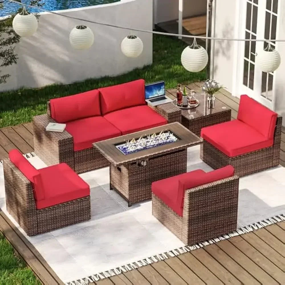 Outdoor Patio Furniture 7 Piec Set with 44” Fire Pit Table & Include Waterproof Cover with Cushions, Outdoor Furniture Set