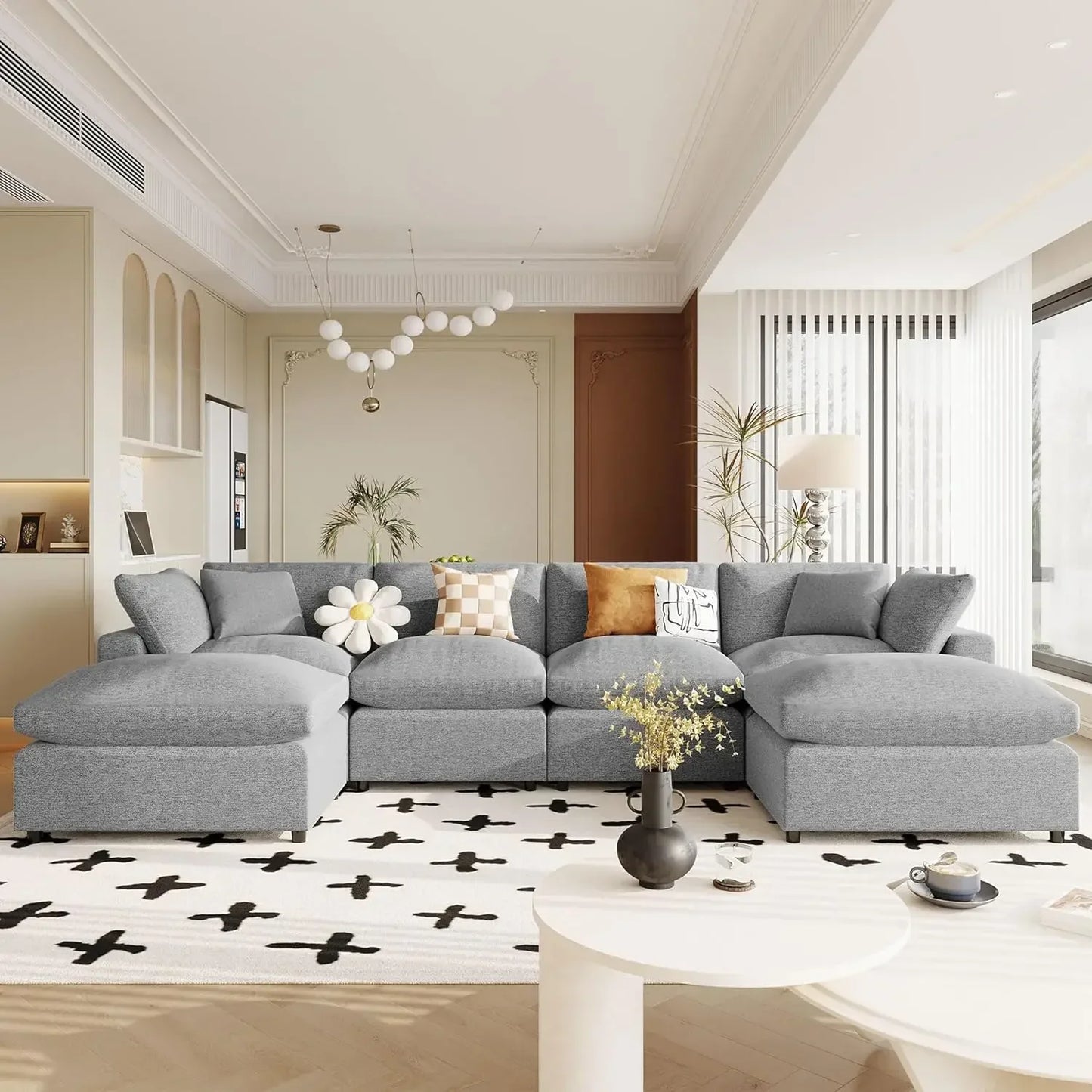 Oversized Modular Sectional Sofa,134.4" U Shaped Couch with Movable Ottoman,Large 6 Seater Corner Sofa for Living Room