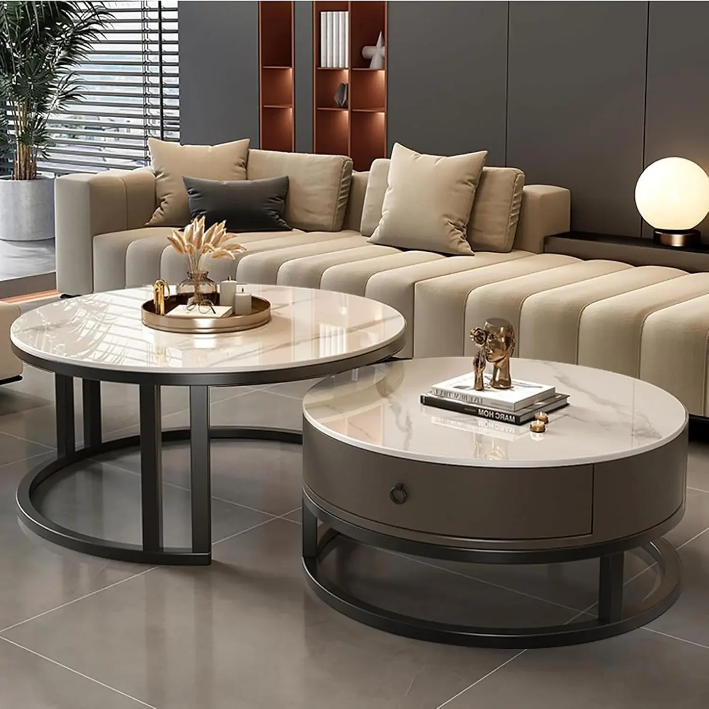 Modern Nesting Coffee Table with drawer,round,soild wood tabletop,metal frame,simple Sliding design tea table for Living Room