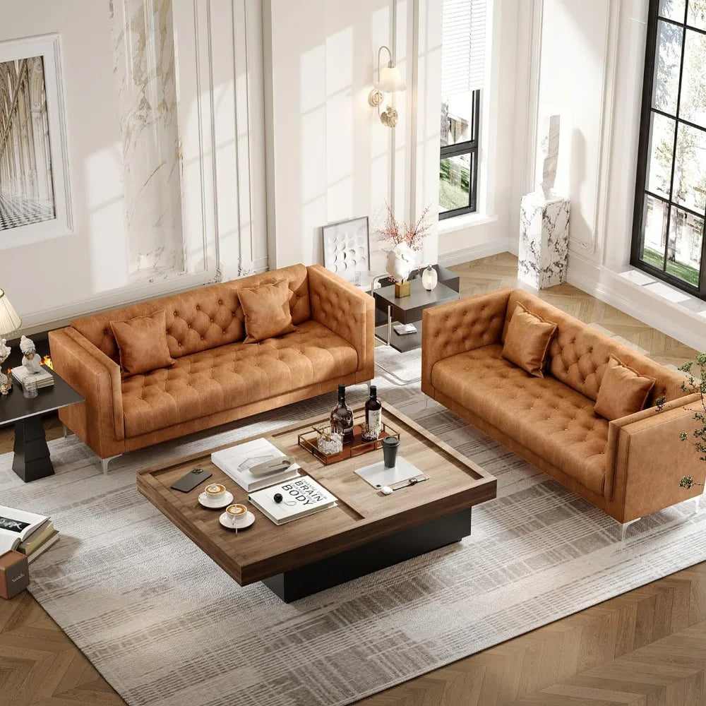 Modern Sofa Couch for Living Room, 3 Seater Sofa with Deep Seats and 2 Pillows, Handmade Button Tufted Leather Couch