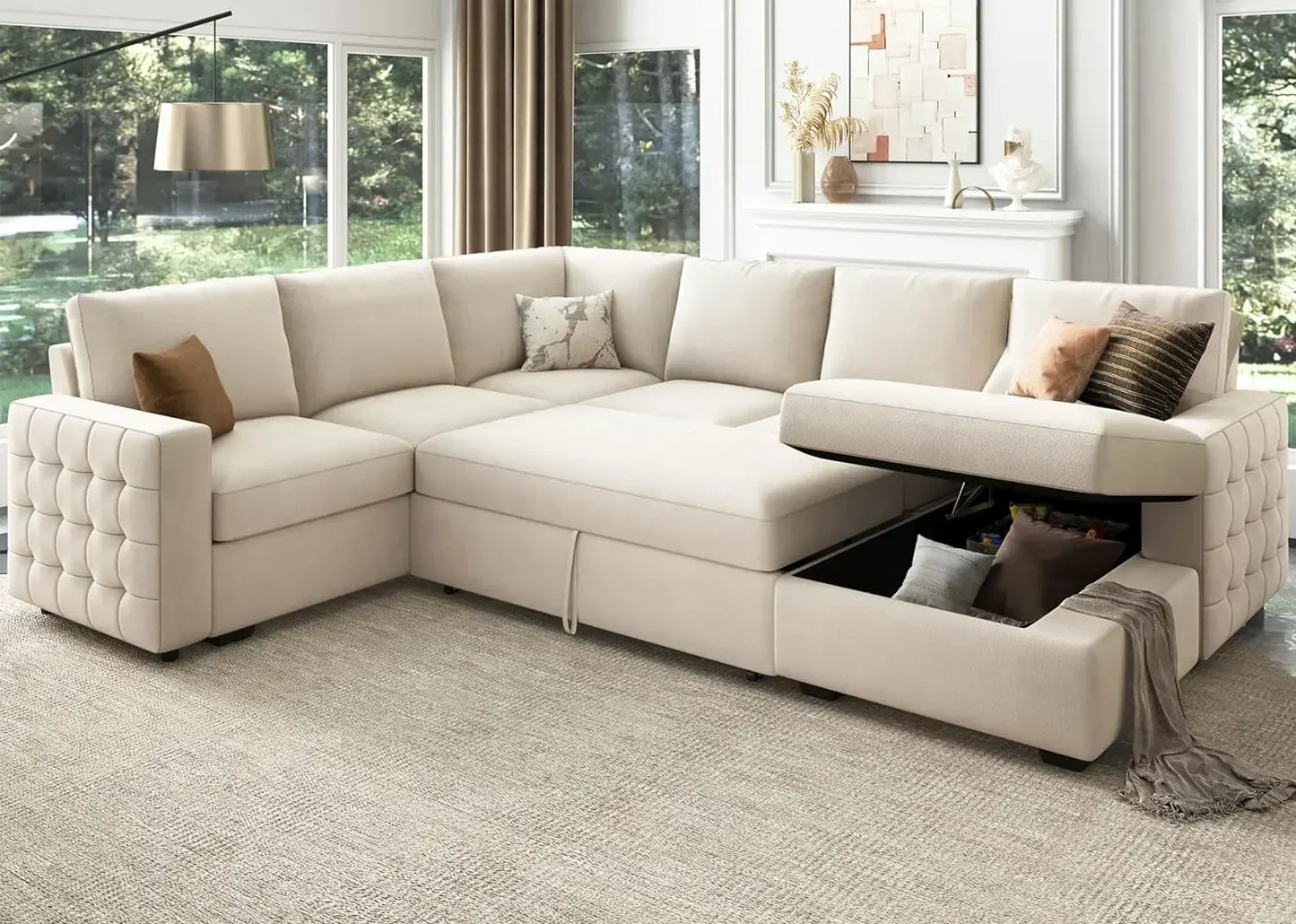 Sectional Sofa with Storage Chaise U Shaped Sectional Couch for Living Room,Velvet Sleeper Sectional Couch with Pullout Bed