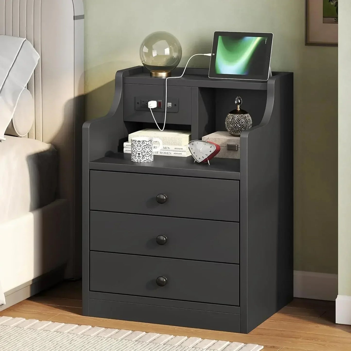 Nightstand with Hutch and Charging Station, Nightstands with 3 for Bedrooms Set of 2, Bedside Table Nightstand