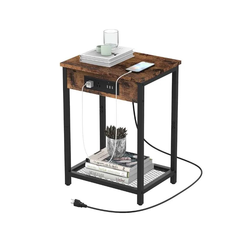 Nightstand with Charging Station Bedroom End Side Table with USB Ports outlets Modern Record Player Stand 2-Tier Bedside Table