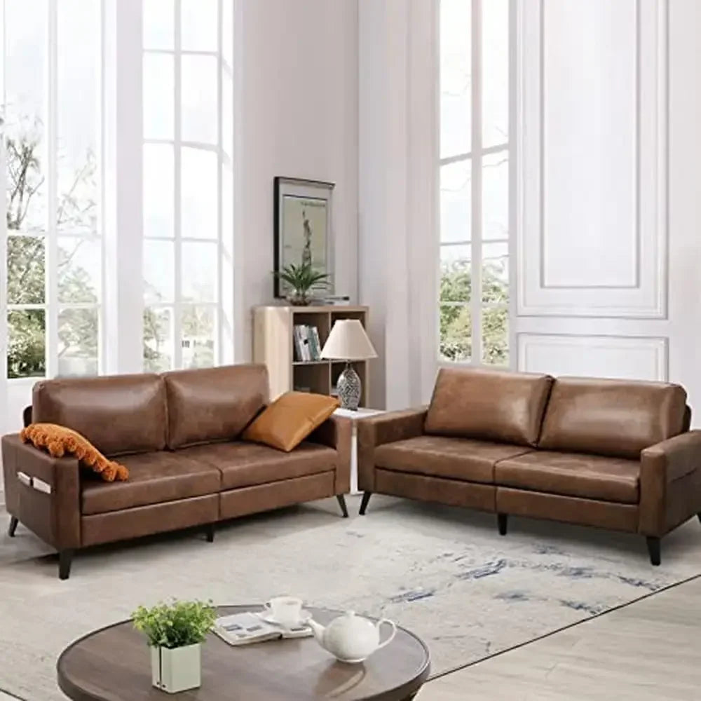 Mid-Century Modern Brown Faux Leather Sofa 79" Comfy Couch Spacious Seat Easy Assembly Durable PU Leather Loveseat Living Room
