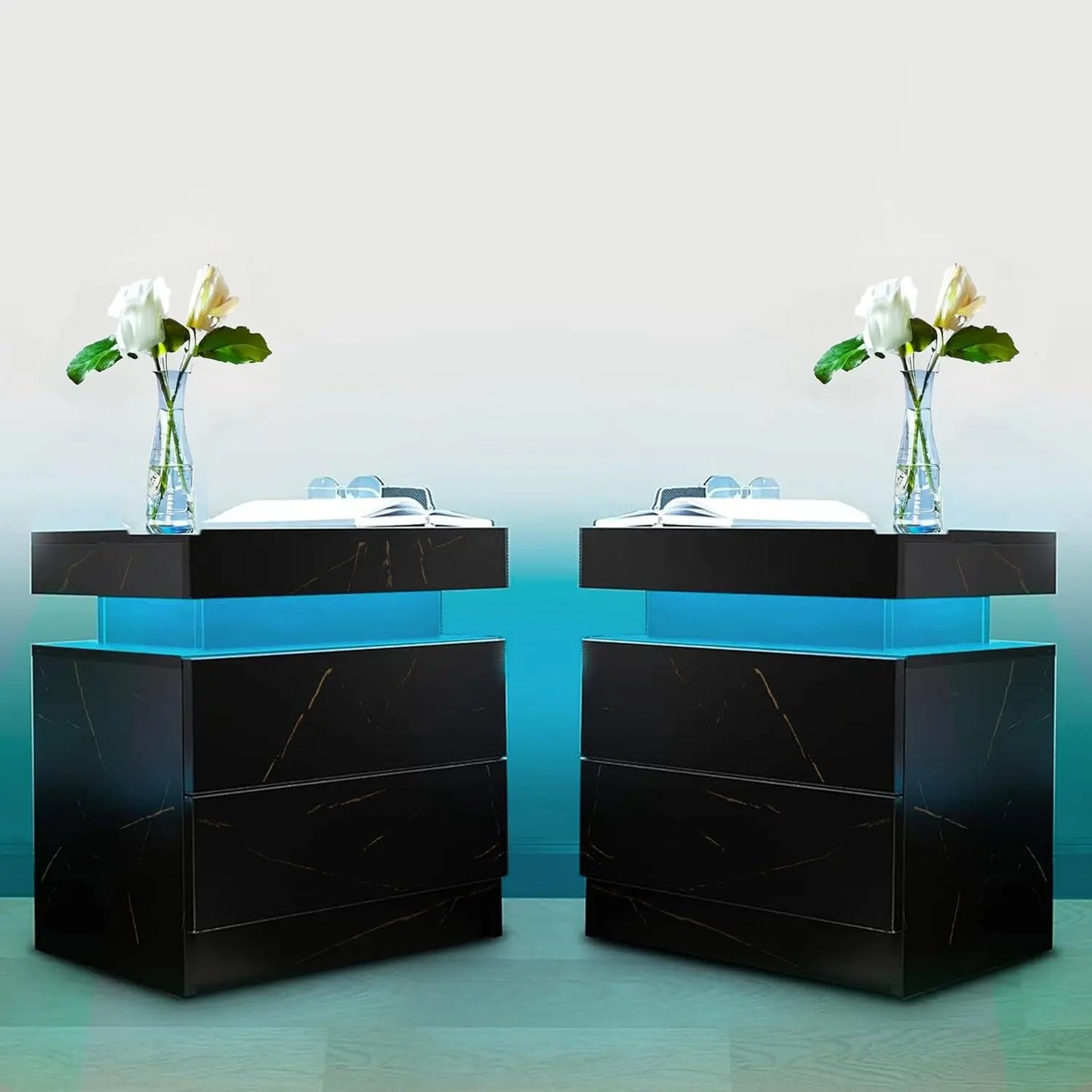 Nightstand Set of 2 LED Nightstand with 2 Drawers,Bedside Table with Drawers for Bedroom Furniture,Side Bed Table , White